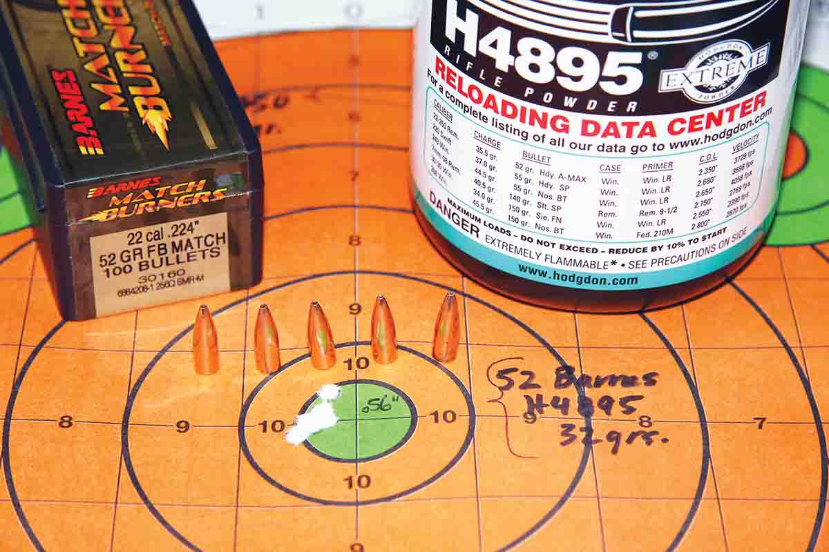 Barnes’ 52-grain Match Burner bullet combined with 32 grains of Hodgdon H-4895 powder produced this .56-inch group at 3,736 fps. H-4895 proved both consistent from load to loadand provided excellent velocity.